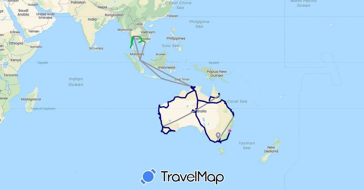 TravelMap itinerary: driving, bus, plane, train, boat in Australia, Indonesia, Cambodia, Singapore, Thailand, Vietnam (Asia, Oceania)